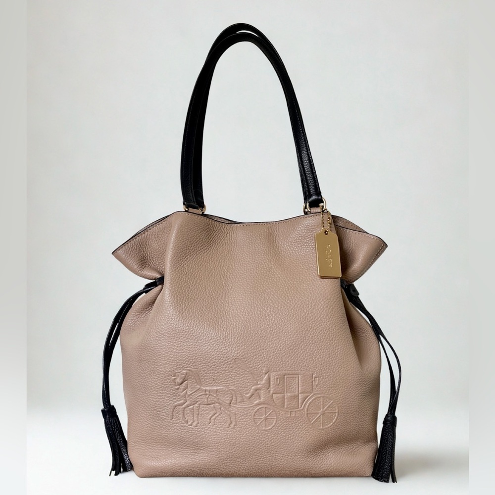 Coach Andy Leather Tote with Horse and Carriage and Black Drawstring Gold